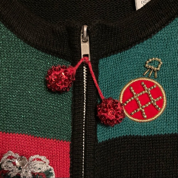 Vintage not-ugly beaded & embroidered zip Christmas cardigan sweater, medium - Picture 6 of 9